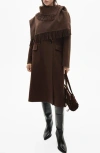 Mango Wool Blend Coat With Fringed Scarf In Chocolate