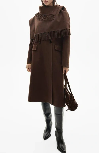 Mango Wool Blend Coat With Fringed Scarf In Chocolate