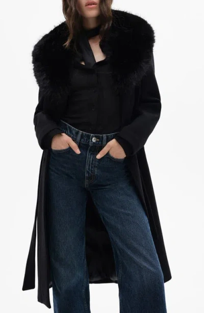 Mango Wool Blend Coat With Removable Faux-fur Trim In Black