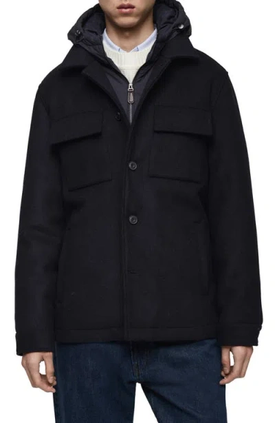 Mango Wool Blend Coat With Removable Hood In Dark Navy