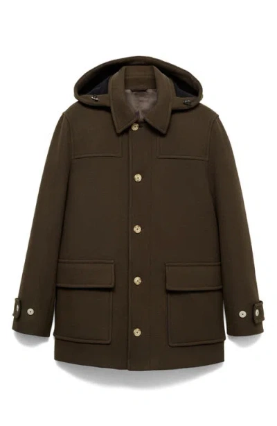 Mango Wool Blend Coat With Removable Hood In Khaki
