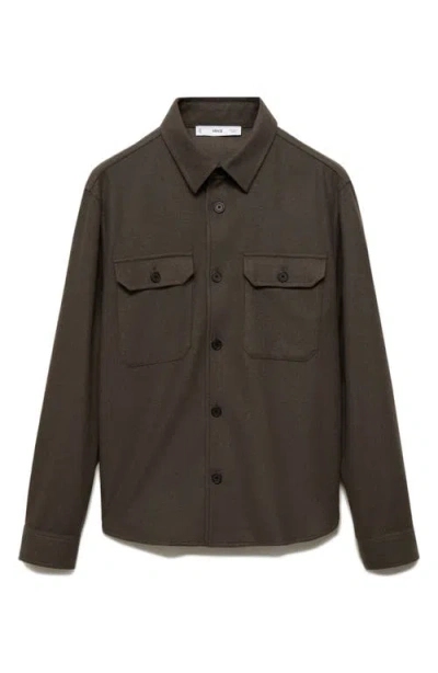 Mango Wool Blend Flannel Overshirt In Khaki Brown