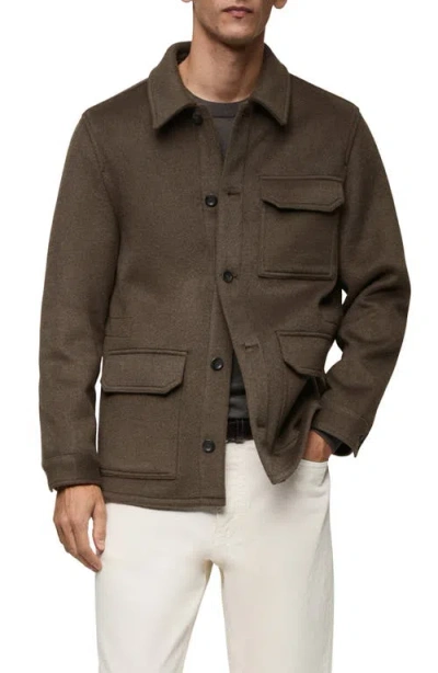 Mango Wool Blend Flannel Overshirt In Khaki Brown