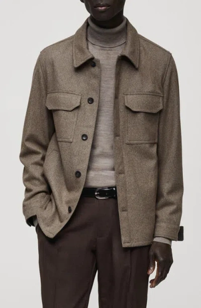 Mango Wool Blend Flannel Overshirt In Medium Brown