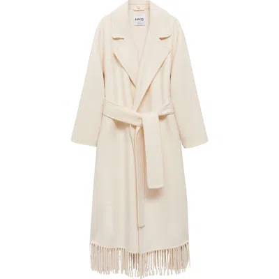 Mango Wool Blend Fringe Hem Longline Coat In Ecru