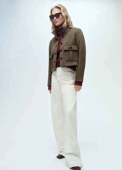 Mango Wool-blend Jacket With Pockets Khaki In White