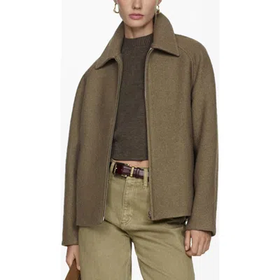Mango Wool Blend Zip Jacket In Khaki Green