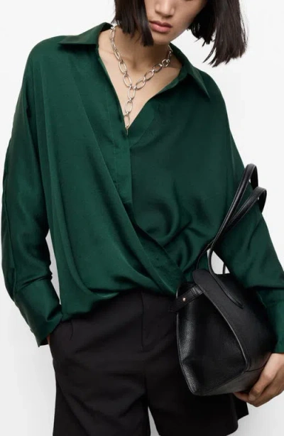 Mango Wrap Front Satin Top In Green