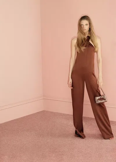 Mango Wrap Neckline Satin Jumpsuit In Brown