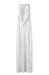 Mango X Kaia Gerber Metallic Open Back Gown In Silver