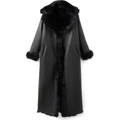 Mango X Kaia Gerber Reversible Genuine Shearling & Leather Coat In Black