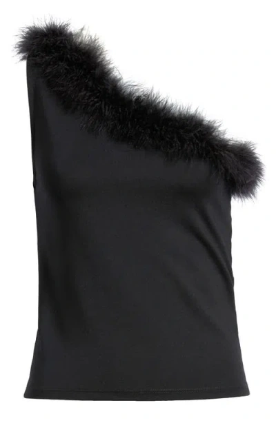 Mango Xplumi Feather Trim One-shoulder Top In Black