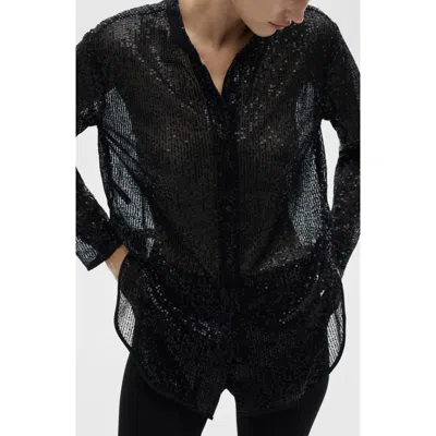 Mango Xurano Sequin Button-up Shirt In Black