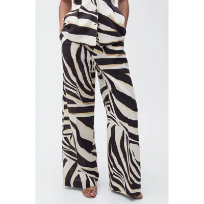 Mango Zebra Linen & Cotton Wide Leg Pants In Beige