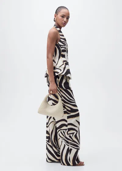 Mango Zebra Pleated Wide Leg Trousers Beige