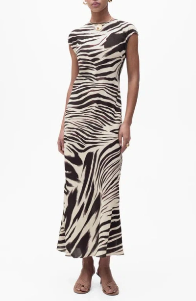 Mango Slash Neck Mixed Zebra Print Midi Dress In White