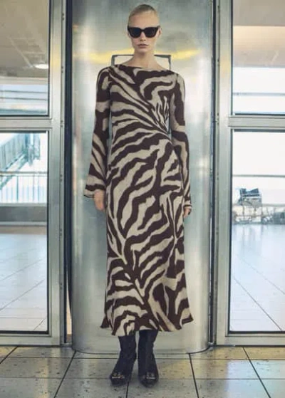 Mango Zebra Flared Dress Brown