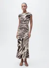 Mango Slash Neck Mixed Zebra Print Midi Dress In Ecru