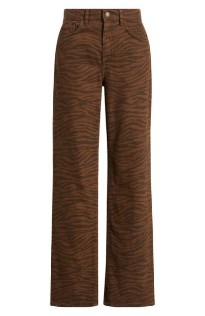 Mango Zebra Stripe High Waist Straight Leg Jeans In Chocolate