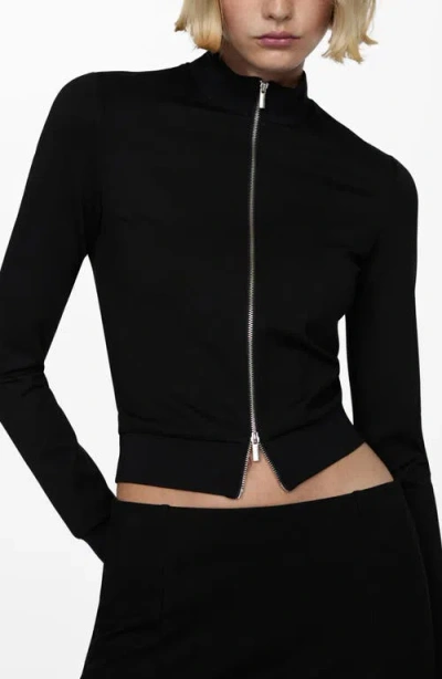 Mango Zip Front Knit Jacket In Black