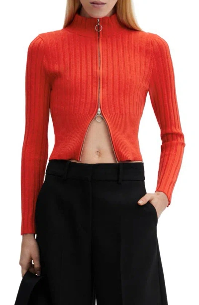 Mango Zip Front Rib Crop Cardigan In Red