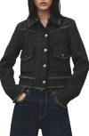 Mango Zip Front Tweed Jacket In Black