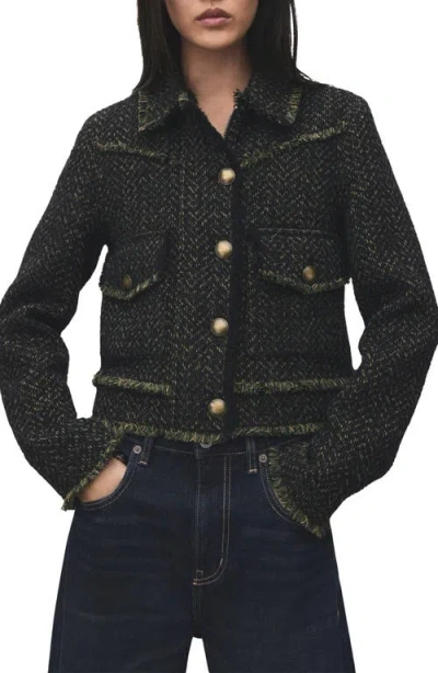 Mango Zip Front Tweed Jacket In Black