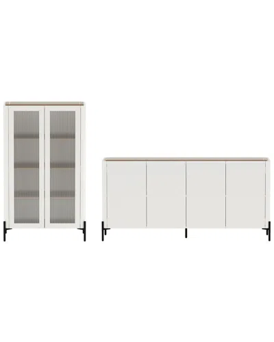 Manhattan Comfort 2pc Modern Abbey 66.9in Sideboard & Décor Ribbed Tempered  Glass Cabinet With Adju In White