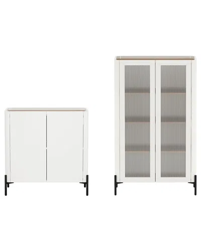 Manhattan Comfort 2pc Modern Abbey Accent Cabinet & Décor Ribbed Tempered  Glass Cabinet In Brown
