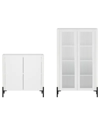 Manhattan Comfort 2pc Modern Abbey Accent Cabinet & Décor Ribbed Tempered  Glass Cabinet In White