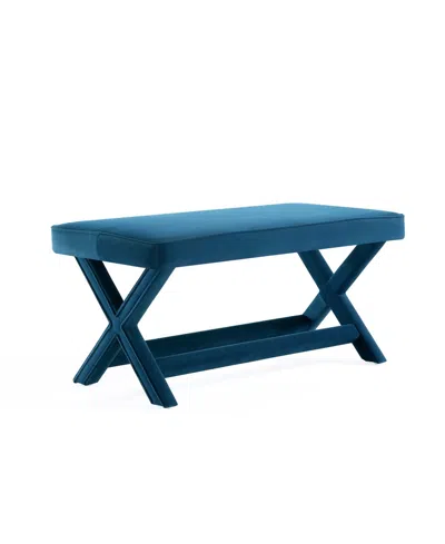 Manhattan Comfort Abigail 42.12" Velvet Upholstered Rubberwood Double Ottoman Bench In Blue