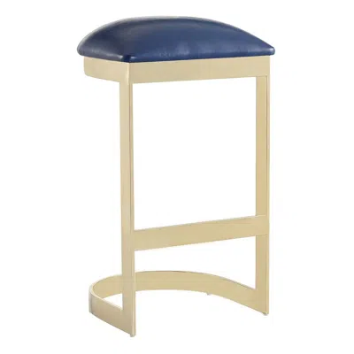 Manhattan Comfort Aura 28.54 In. Blue And Polished Brass Stainless Steel Bar Stool