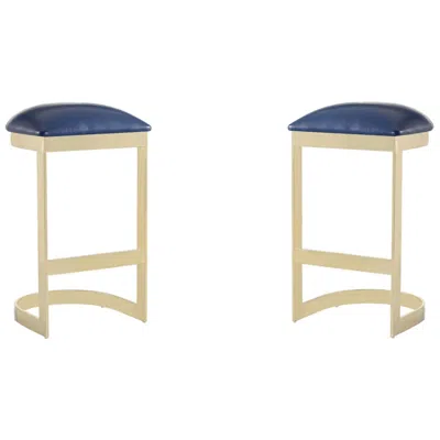 Manhattan Comfort Aura Bar Stool In Blue And Polished Brass (set Of 2)