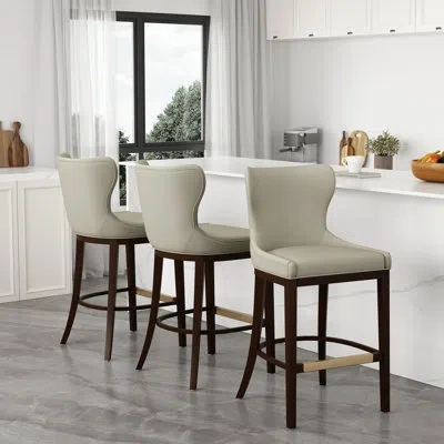 Manhattan Comfort Blair Modern Vegan Leather Upholstered Bar Stool With Beech Wood Frame In Stone