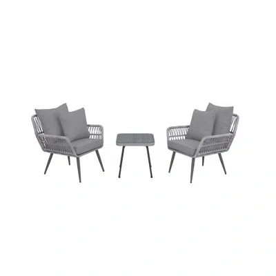 Manhattan Comfort Cannes Modern Rope Wicker 2-person Patio Conversation Set With Polyester Cushions And Table In Gray