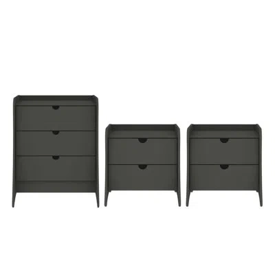 Manhattan Comfort Coney 3-piece Mid-century Modern Bedroom Set With Dresser And Two Nightstands In Gray
