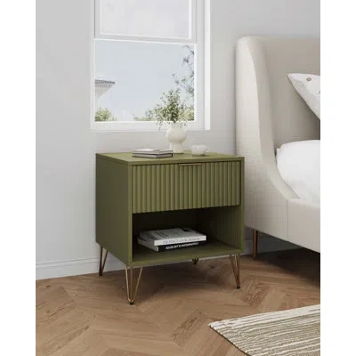 Manhattan Comfort Dumbo 20" W Modern 1-drawer Fluted Nightstand In Olive Green