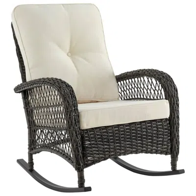 Manhattan Comfort Fruttuo Patio Rocking Chair With Cream Cushions In Brown