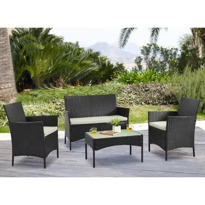 Manhattan Comfort Imperia Modern 4-person Patio Conversation Set With Polyester Cushions In Black