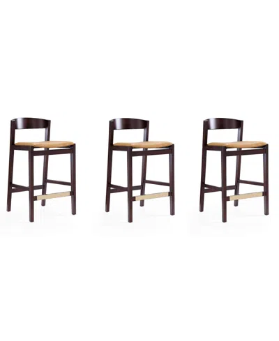Manhattan Comfort Klismos Counter Stool, Set Of 3 In Camel,dark Walnut