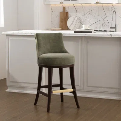 Manhattan Comfort Lucia Modern Chenille Upholstered Bar Stool With Beech Wood Frame In Green