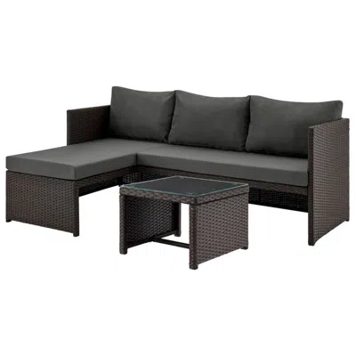 Manhattan Comfort Menton Patio 2-seater And Lounge Chair With Coffee Table With Grey Cushions