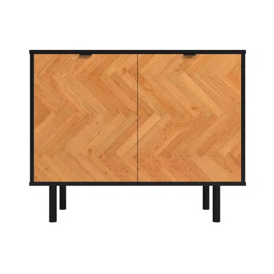 Manhattan Comfort Mid-century Modern Liam Accent Cabinet With 2 Shelves In Black And Wood In Orange