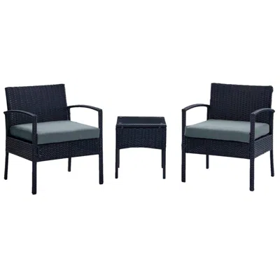 Manhattan Comfort Noli 3-piece Black Rattan Outdoor End Table And Armchair Set In Blue