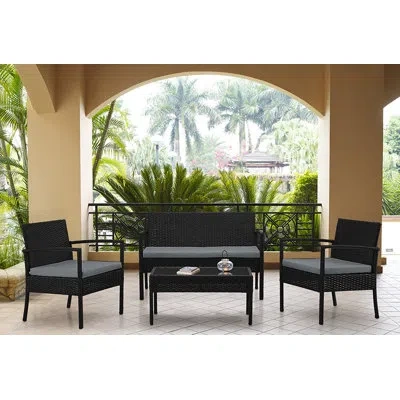Manhattan Comfort Noli Modern 4-person Patio Conversation Set With Polyester Cushions In Multi
