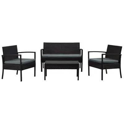 Manhattan Comfort Noli Patio 4-person Conversation Set With Coffee Table With Grey Cushions In Black