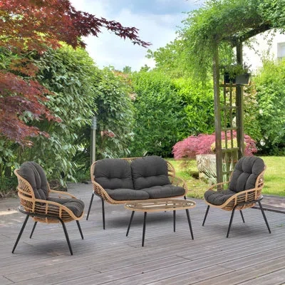 Manhattan Comfort Pine Modern 4-person Patio Conversation Set With Polyester Cushions And Coffee Table In Gray