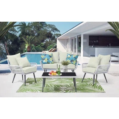 Manhattan Comfort Portofino Modern 4-person Patio Conversation Set With Polyester Upholstered Cushions And Coffee Tabl In White