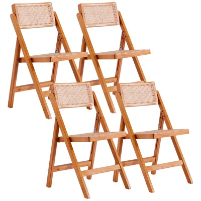 Manhattan Comfort Pullman Nature Wood And Cane Folding Dining Chairs Set Of 4 In Brown