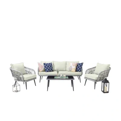 Manhattan Comfort Riviera Modern 5-person Modern Patio Conversation Set With Polyester Cushions And Coffee Table In Cream